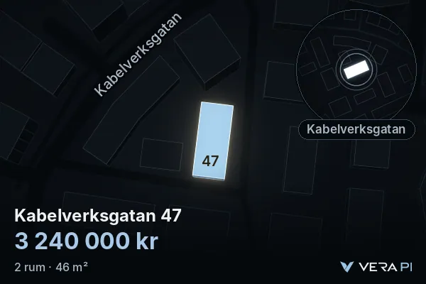 VERA PI:s bild av Kabelverksgatan 47: huset i 3D, upplyst i blått, och kartan runt omkring