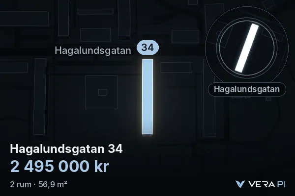 VERA PI's image of Hagalundsgatan 34: the building in 3D, lit in blue, and the map around it