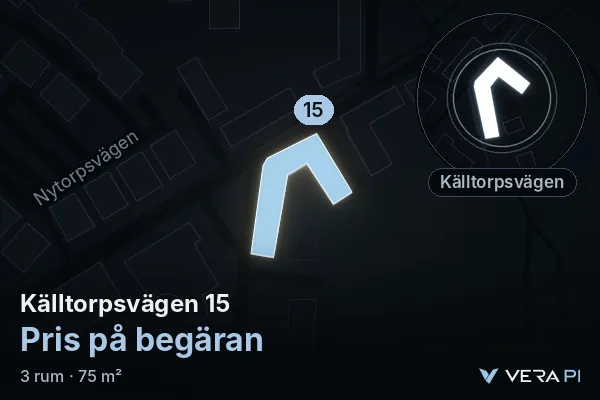 VERA PI's image of Källtorpsvägen 15: the building in 3D, lit in blue, and the map around it