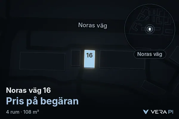 VERA PI's image of Noras väg 16: the building in 3D, lit in blue, and the map around it