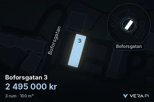 VERA PI's image of Boforsgatan 3: the building in 3D, lit in blue, and the map around it