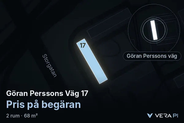 VERA PI:s bild av Göran Perssons Väg 17: huset i 3D, upplyst i blått, och kartan runt omkring