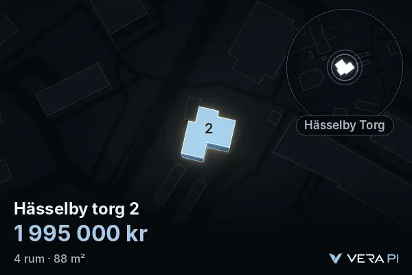 VERA PI:s bild av Hässelby torg 2: huset i 3D, upplyst i blått, och kartan runt omkring
