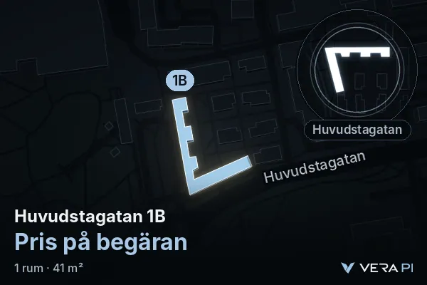VERA PI:s bild av Huvudstagatan 1B: huset i 3D, upplyst i blått, och kartan runt omkring