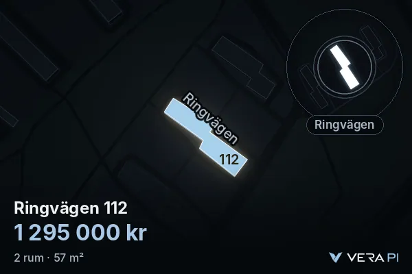 VERA PI:s bild av Ringvägen 112: huset i 3D, upplyst i blått, och kartan runt omkring