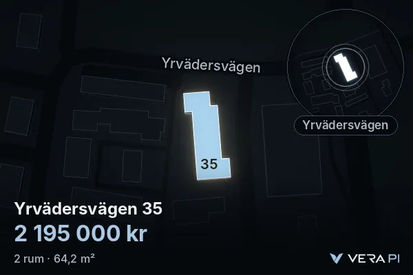VERA PI's image of Yrvädersvägen 35: the building in 3D, lit in blue, and the map around it