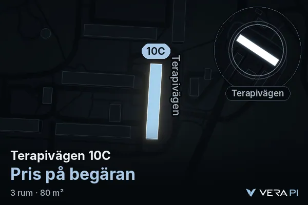 VERA PI:s bild av Terapivägen 10C: huset i 3D, upplyst i blått, och kartan runt omkring