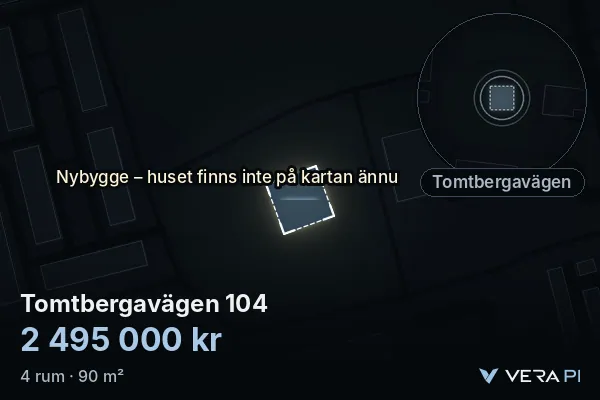 VERA PI's image of Tomtbergavägen 104: the building in 3D, lit in blue, and the map around it