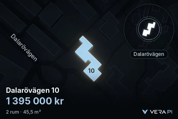 VERA PI:s bild av Dalarövägen 10: huset i 3D, upplyst i blått, och kartan runt omkring