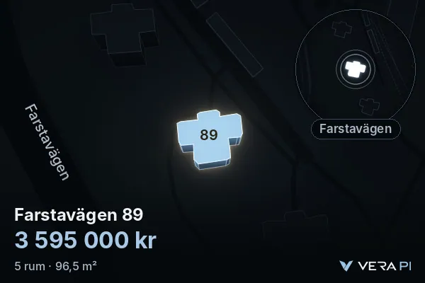 VERA PI:s bild av Farstavägen 89: huset i 3D, upplyst i blått, och kartan runt omkring