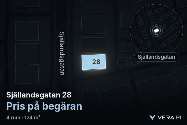 VERA PI's image of Själlandsgatan 28: the building in 3D, lit in blue, and the map around it