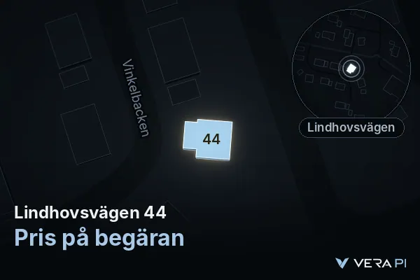 VERA PI:s bild av Lindhovsvägen 44: huset i 3D, upplyst i blått, och kartan runt omkring