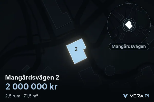 VERA PI:s bild av Mangårdsvägen 2: huset i 3D, upplyst i blått, och kartan runt omkring