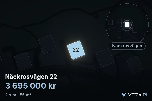 VERA PI's image of Näckrosvägen 22: the building in 3D, lit in blue, and the map around it