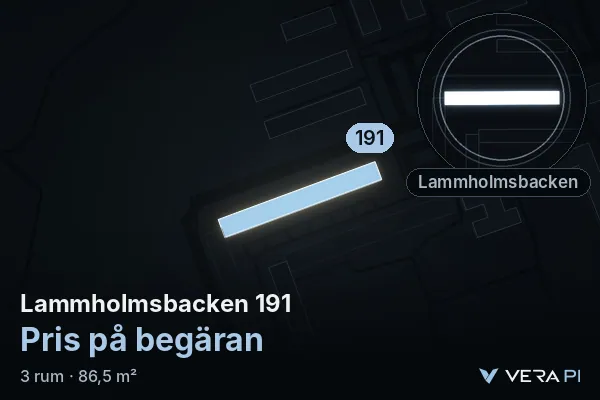 VERA PI:s bild av Lammholmsbacken 191: huset i 3D, upplyst i blått, och kartan runt omkring