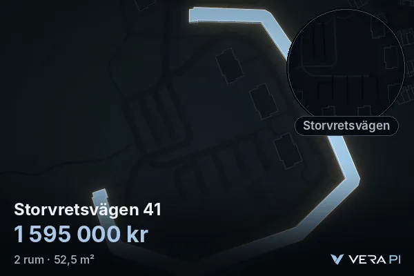 VERA PI's image of Storvretsvägen 41: the building in 3D, lit in blue, and the map around it