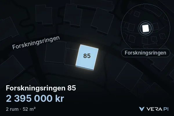 VERA PI:s bild av Forskningsringen 85: huset i 3D, upplyst i blått, och kartan runt omkring