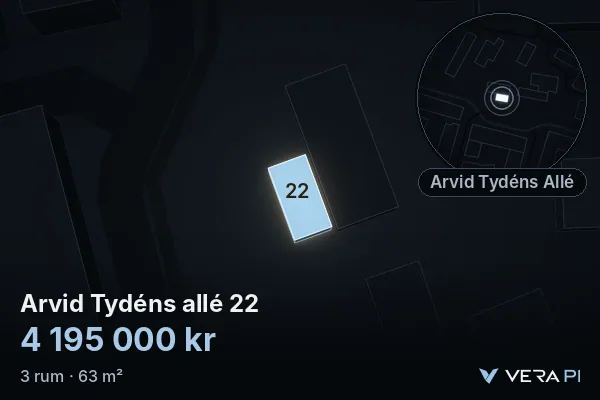 VERA PI's image of Arvid Tydéns allé 22: the building in 3D, lit in blue, and the map around it