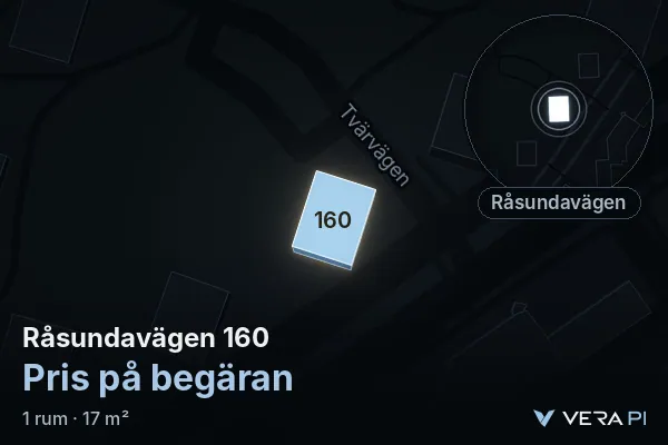 VERA PI's image of Råsundavägen 160: the building in 3D, lit in blue, and the map around it