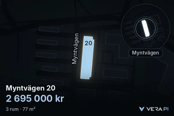 VERA PI's image of Myntvägen 20: the building in 3D, lit in blue, and the map around it