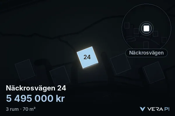 VERA PI's image of Näckrosvägen 24: the building in 3D, lit in blue, and the map around it