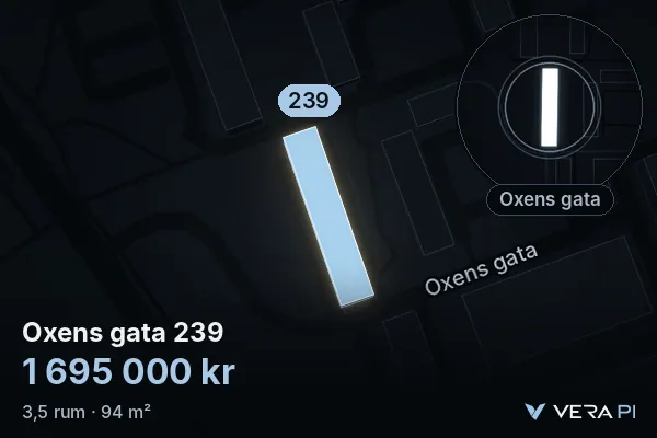 VERA PI:s bild av Oxens gata 239: huset i 3D, upplyst i blått, och kartan runt omkring