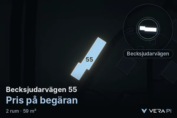 VERA PI:s bild av Becksjudarvägen 55: huset i 3D, upplyst i blått, och kartan runt omkring