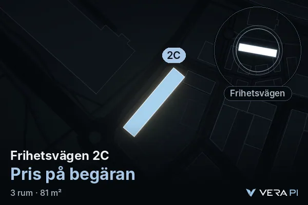 VERA PI's image of Frihetsvägen 2C: the building in 3D, lit in blue, and the map around it