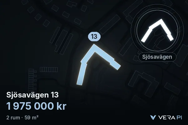 VERA PI:s bild av Sjösavägen 13: huset i 3D, upplyst i blått, och kartan runt omkring