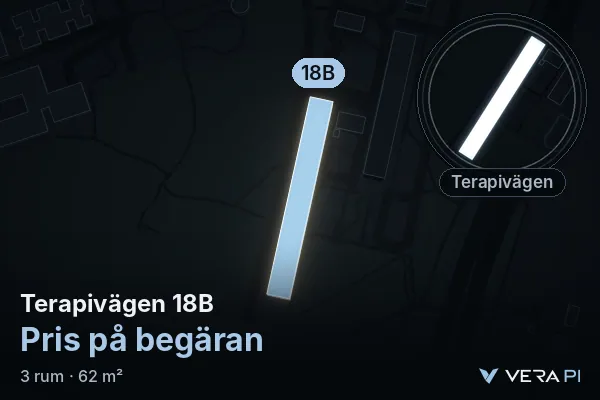 VERA PI:s bild av Terapivägen 18B: huset i 3D, upplyst i blått, och kartan runt omkring