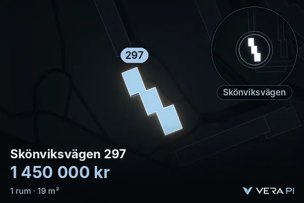 VERA PI:s bild av Skönviksvägen 297: huset i 3D, upplyst i blått, och kartan runt omkring