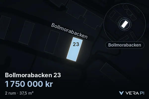 VERA PI's image of Bollmorabacken 23: the building in 3D, lit in blue, and the map around it