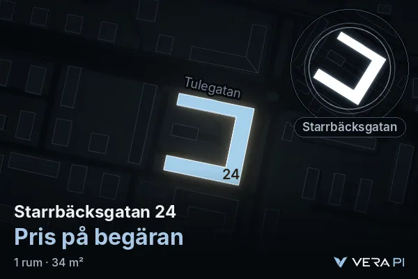 VERA PI:s bild av Starrbäcksgatan 24: huset i 3D, upplyst i blått, och kartan runt omkring
