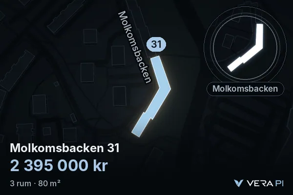 VERA PI:s bild av Molkomsbacken 31: huset i 3D, upplyst i blått, och kartan runt omkring