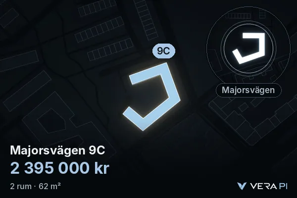 VERA PI's image of Majorsvägen 9C: the building in 3D, lit in blue, and the map around it