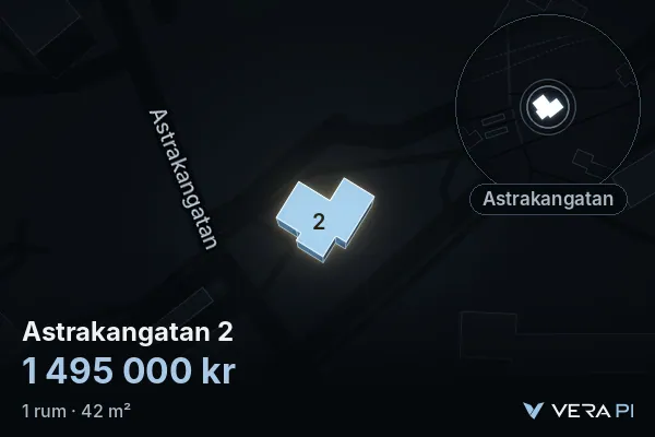 VERA PI:s bild av Astrakangatan 2: huset i 3D, upplyst i blått, och kartan runt omkring