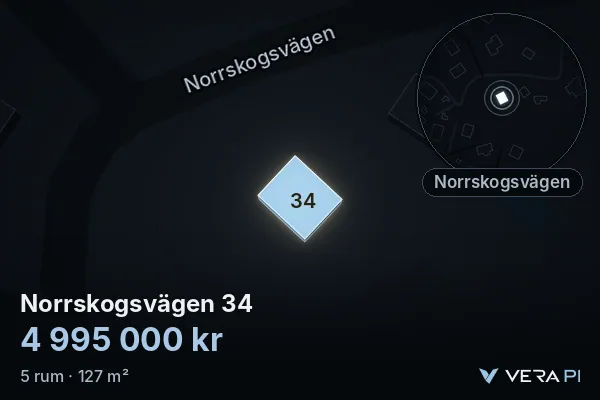 VERA PI:s bild av Norrskogsvägen 34: huset i 3D, upplyst i blått, och kartan runt omkring