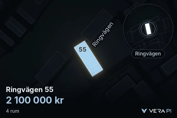 VERA PI:s bild av Ringvägen 55: huset i 3D, upplyst i blått, och kartan runt omkring