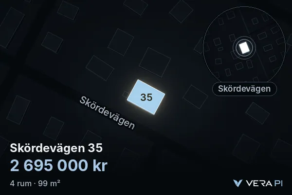 VERA PI:s bild av Skördevägen 35: huset i 3D, upplyst i blått, och kartan runt omkring