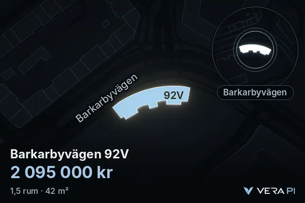 VERA PI's image of Barkarbyvägen 92V: the building in 3D, lit in blue, and the map around it