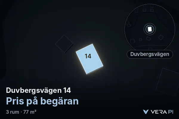 VERA PI:s bild av Duvbergsvägen 14: huset i 3D, upplyst i blått, och kartan runt omkring