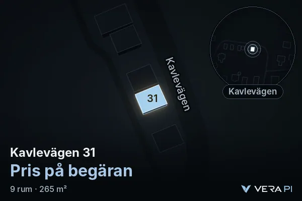 VERA PI:s bild av Kavlevägen 31: huset i 3D, upplyst i blått, och kartan runt omkring