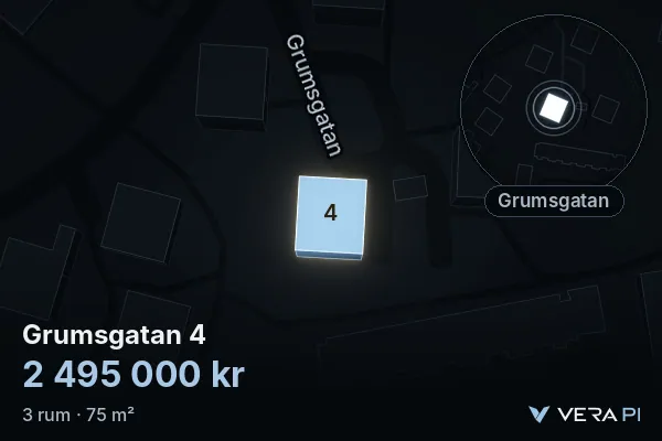 VERA PI's image of Grumsgatan 4: the building in 3D, lit in blue, and the map around it