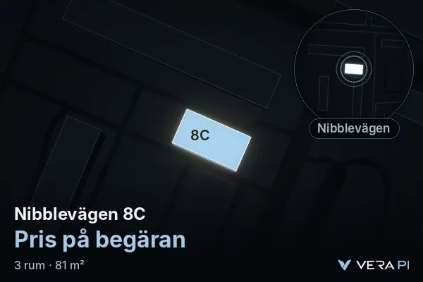 VERA PI's image of Nibblevägen 8C: the building in 3D, lit in blue, and the map around it