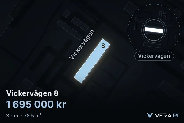 VERA PI's image of Vickervägen 8: the building in 3D, lit in blue, and the map around it