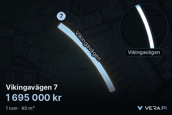 VERA PI:s bild av Vikingavägen 7: huset i 3D, upplyst i blått, och kartan runt omkring