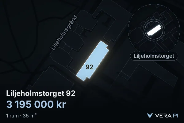 VERA PI:s bild av Liljeholmstorget 92: huset i 3D, upplyst i blått, och kartan runt omkring