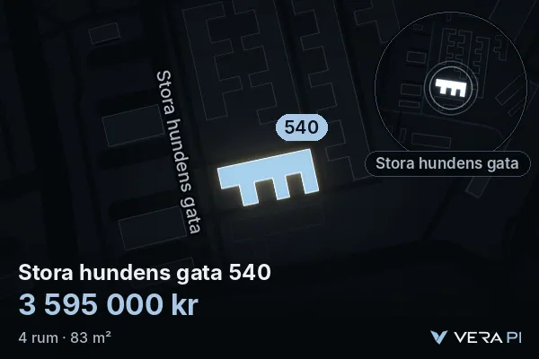 VERA PI:s bild av Stora hundens gata 540: huset i 3D, upplyst i blått, och kartan runt omkring