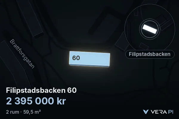 VERA PI:s bild av Filipstadsbacken 60: huset i 3D, upplyst i blått, och kartan runt omkring