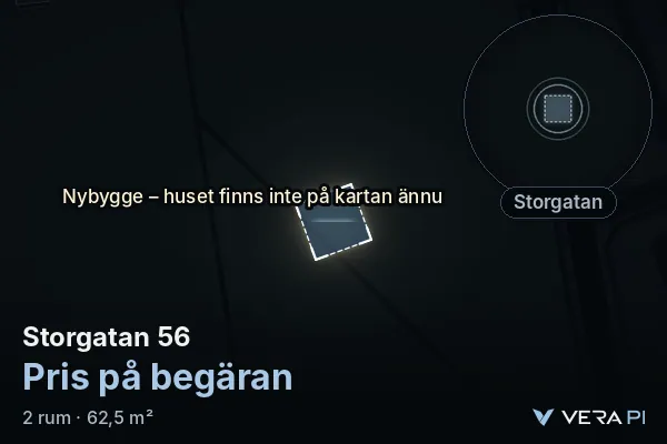 VERA PI:s bild av Storgatan 56: huset i 3D, upplyst i blått, och kartan runt omkring